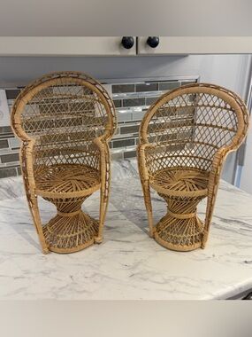 Vintage Wicker Peacock chair set plant stands doll chairs decor